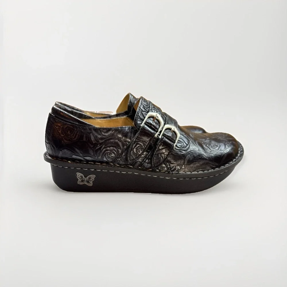 Alegria Alli Black Embossed Rose Leather Slip Ons, Euro Size 38 US Size 8-8.5